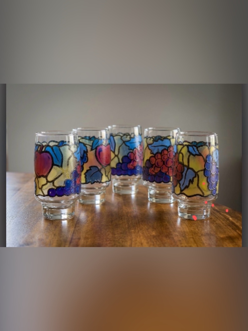 Set of 5 Vintage 1970s Libbey Fruit Stained Glass Water/Juice Glasses